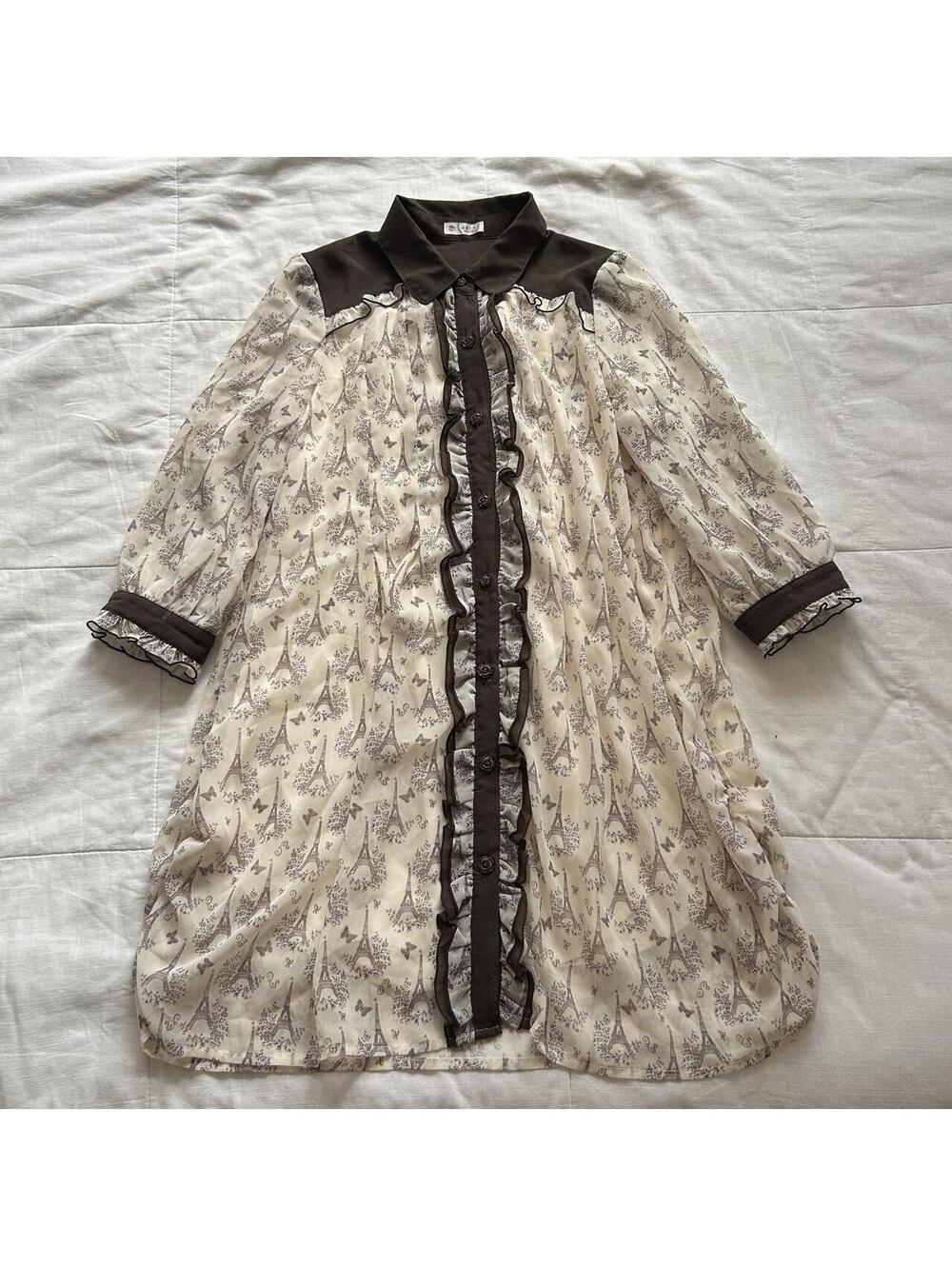 Axes Femme Cream Brown Eiffel Tower Print Ruffle Tunic Dress 3/4 Sleeve M